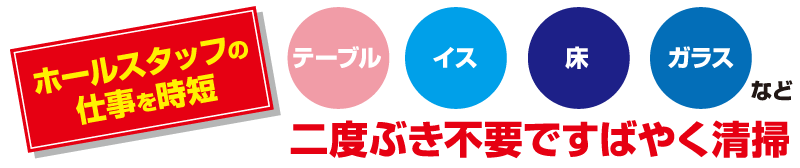 飲食店ホールスペース　　テーブル、イス、床、ガラス、メニュー表 二度ぶき不要、すすぎ不要